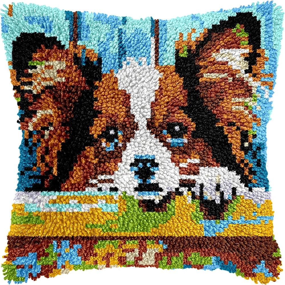 Latch Hook Pillow Kits Pillow Cover Pattern Butterfly Dog Printed Canvas Cross Stich Hooking Pillowcase Cushion Crafts Embroidery Crochet Home Decor Kits 17x17 inch(B61)