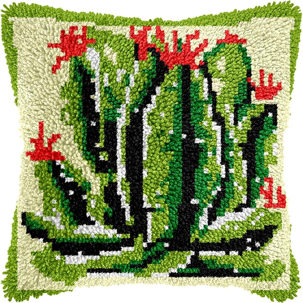 Latch Hook Pillow Kits Pillow Cover Pattern Cactus & Flowers Printed Canvas Cross Stich Hooking Pillowcase Cushion Crafts Embroidery Crochet Home Decor Kits 17x17 inch(B113)