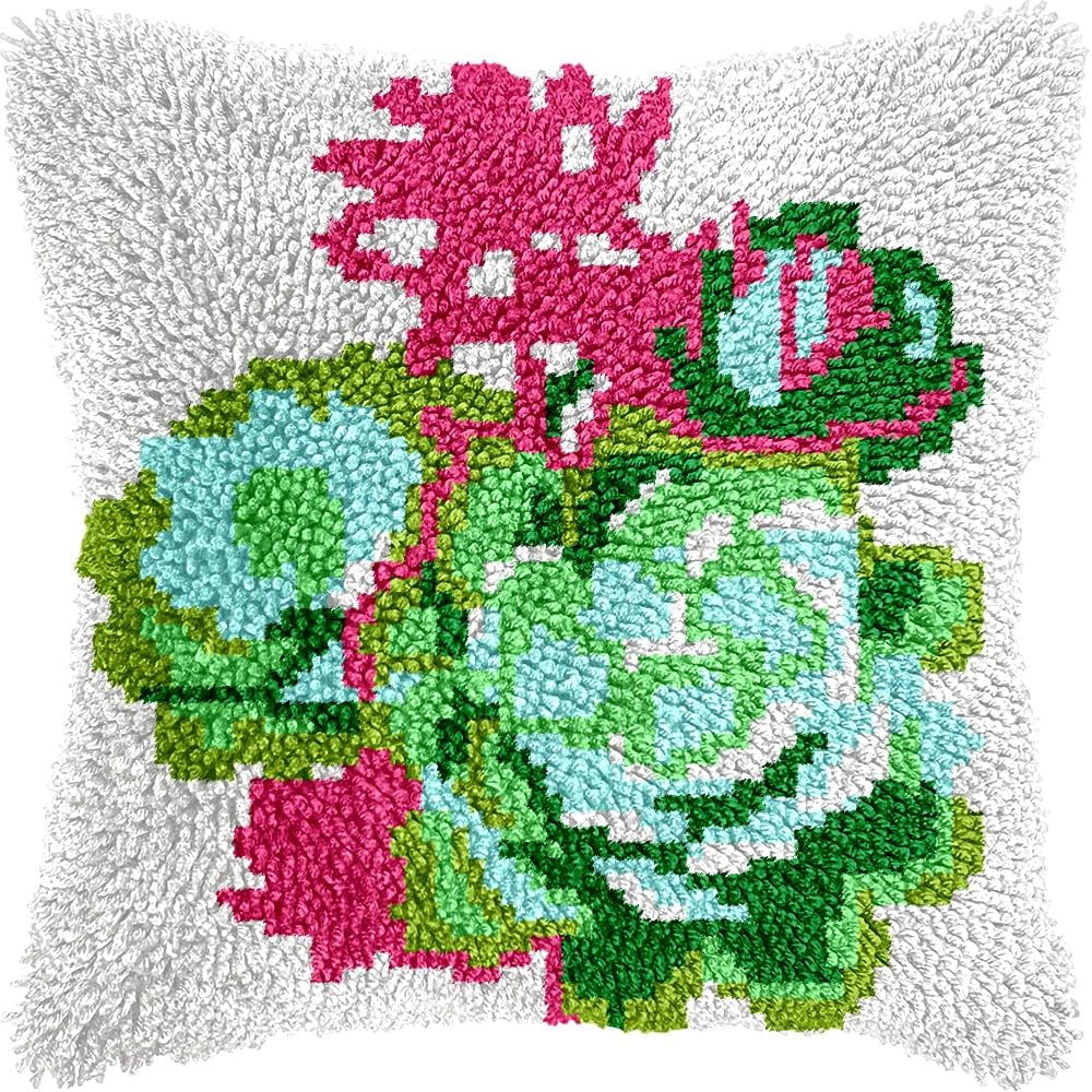 Latch Hook Pillow Kits Pillow Cover Pattern Cactus Flowers Printed Canvas Cross Stich Hooking Pillowcase Cushion Crafts Embroidery Crochet Home Decor Kits 17x17 inch(B28)