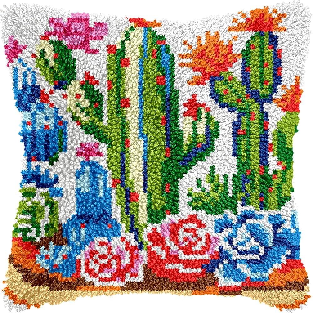 Latch Hook Pillow Kits Pillow Cover Pattern Cactus & Flowers Printed Canvas Knitted Hooking Pillowcase Cushion Crafts Embroidery Crochet Home Decor Kits 17x17 inch(c210)