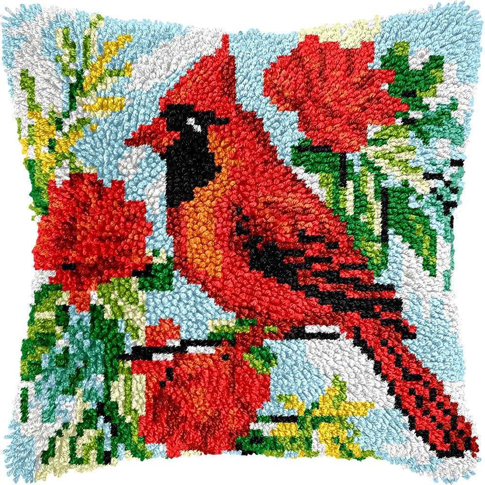 Latch Hook Pillow Kits Pillow Cover Pattern Cardinal Bird & Flowers Printed Canvas Knitted Hooking Pillowcase Cushion Crafts Embroidery Crochet Home Decor Kits 17x17 inch(c204)