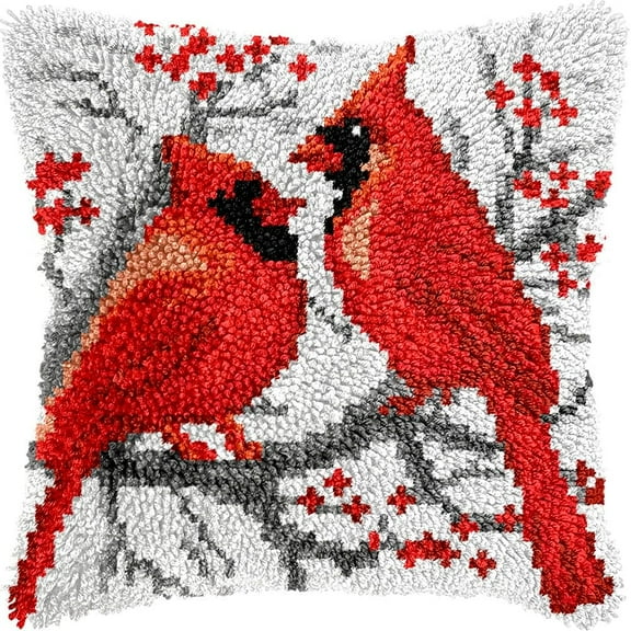 Latch Hook Pillow Kits Pillow Cover Pattern Cardinal Birds PrintedCanvas Knitted Hooking Pillowcase Cushion Crafts Embroidery Crochet Home Decor Kits 17x17 inch(c50)