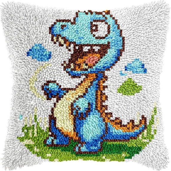 Latch Hook Pillow Kits Pillow Cover Pattern Cartoon Dinosaur Printed Canvas Cross Stich Hooking Pillowcase Cushion Crafts Embroidery Crochet Home Decor Kits 17x17 inch(B148)