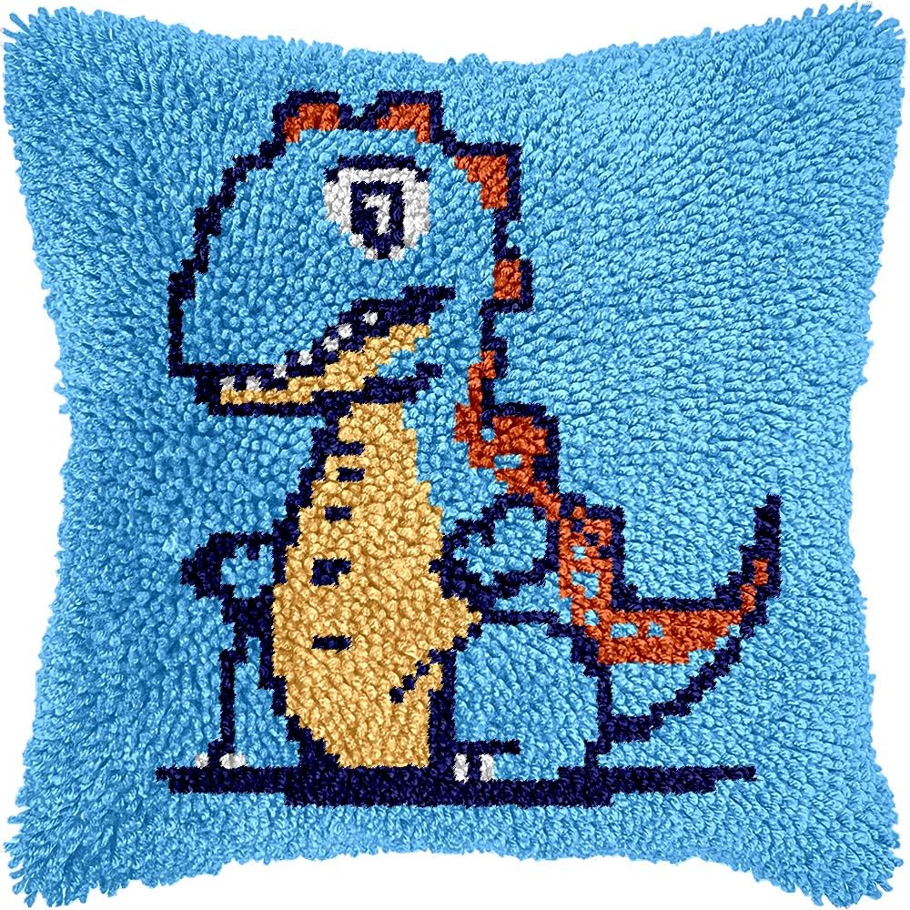 Latch Hook Pillow Kits Pillow Cover Pattern Cartoon Dinosaur Printed Canvas Cross Stich Hooking Pillowcase Cushion Crafts Embroidery Crochet Home Decor Kits 17x17 inch(B88)