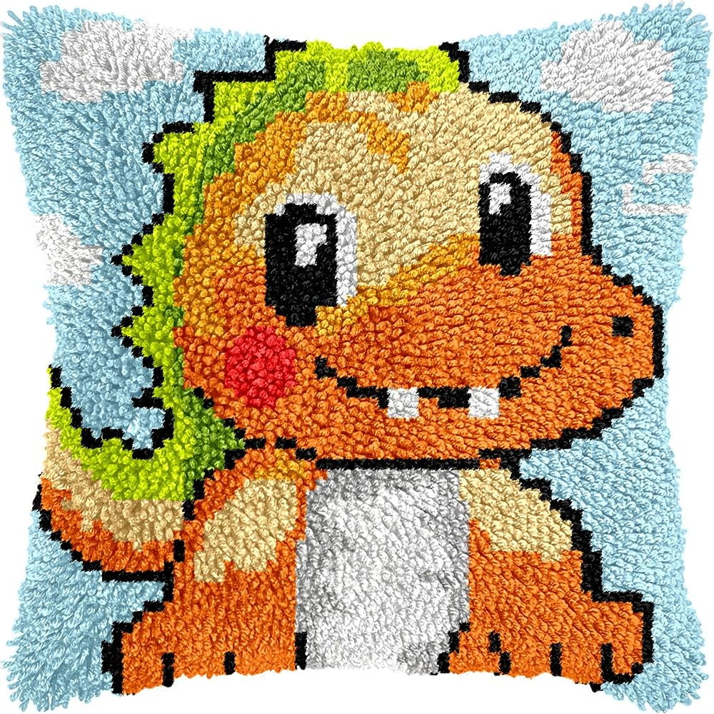 Latch Hook Pillow Kits Pillow Cover Pattern Cartoon Dinosaur Printed Canvas Knitted Hooking Pillowcase Cushion Crafts Embroidery Crochet Home Decor Kits 17x17 inch(c98)