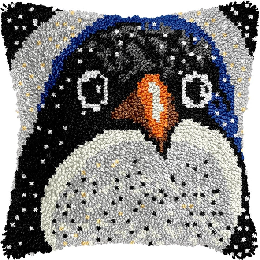 Latch Hook Pillow Kits Pillow Cover Pattern Cartoon Penguin Printed Canvas Knitted Hooking Pillowcase Cushion Crafts Embroidery Crochet Home Decor Kits 17x17 inch(c85)