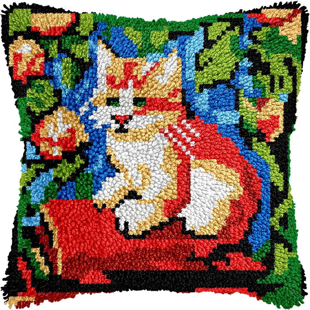 Latch Hook Pillow Kits Pillow Cover Pattern Cat on Book Printed Canvas Cross Stich Hooking Pillowcase Cushion Crafts Embroidery Crochet Home Decor Kits 17x17 inch(B7)