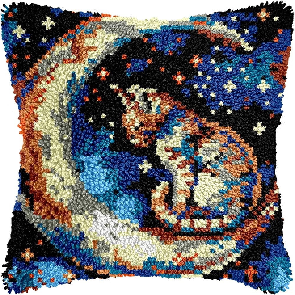 Latch Hook Pillow Kits Pillow Cover Pattern Cat on Moon Printed Canvas Cross Stich Hooking Pillowcase Cushion Crafts Embroidery Crochet Home Decor Kits 17x17 inch(B122)