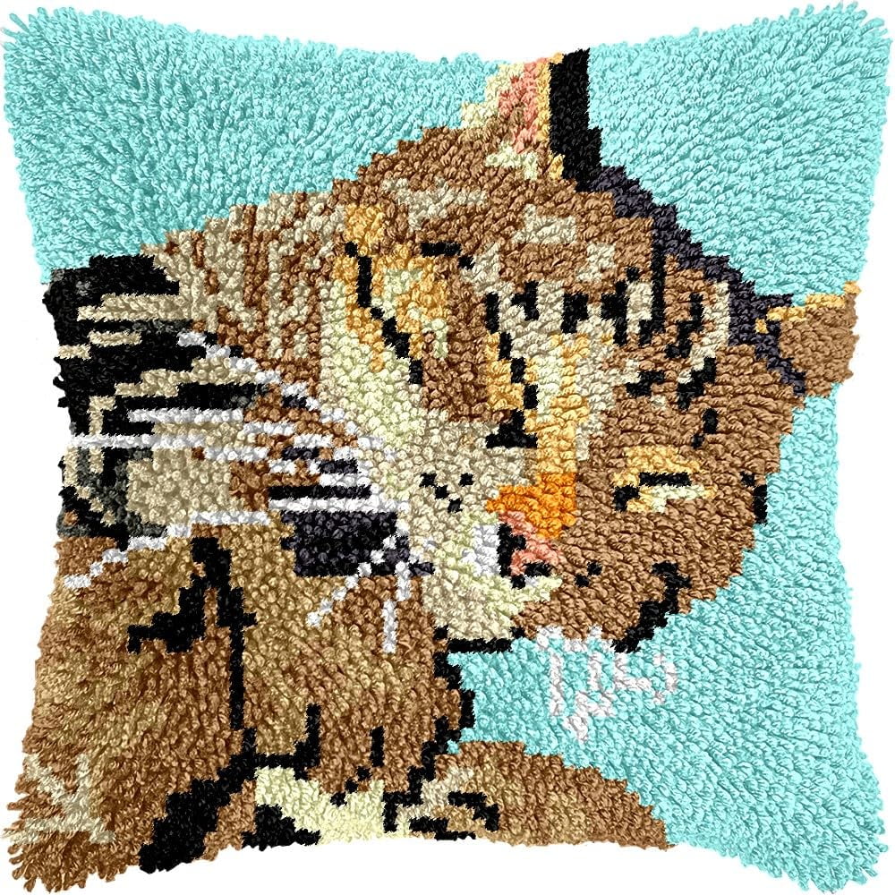 Latch Hook Pillow Kits Pillow Cover Pattern Cat Printed Canvas Cross Stich Hooking Pillowcase Cushion Crafts Embroidery Crochet Home Decor Kits 17x17 inch(B195)