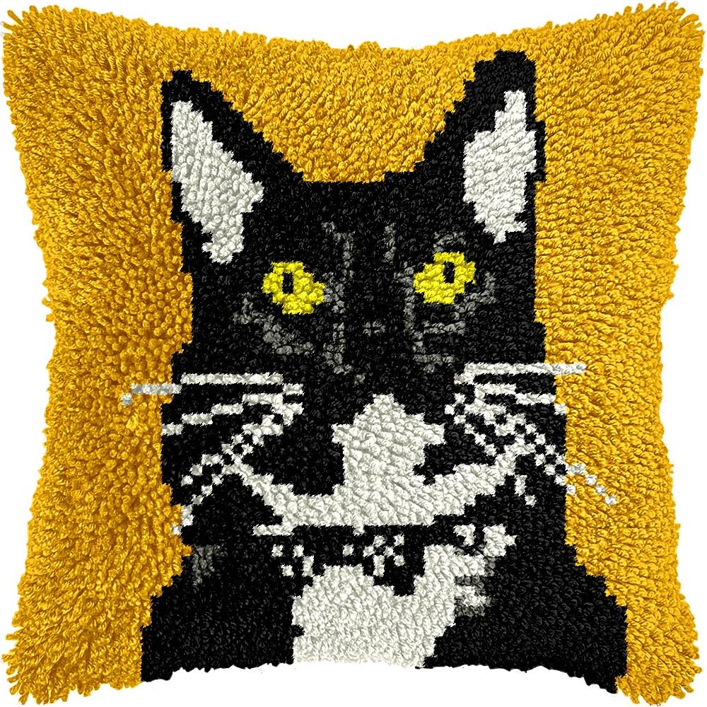 Latch Hook Pillow Kits Pillow Cover Pattern Cat Printed Canvas Cross Stich Hooking Pillowcase Cushion Crafts Embroidery Crochet Home Decor Kits 17x17 inch(B212)