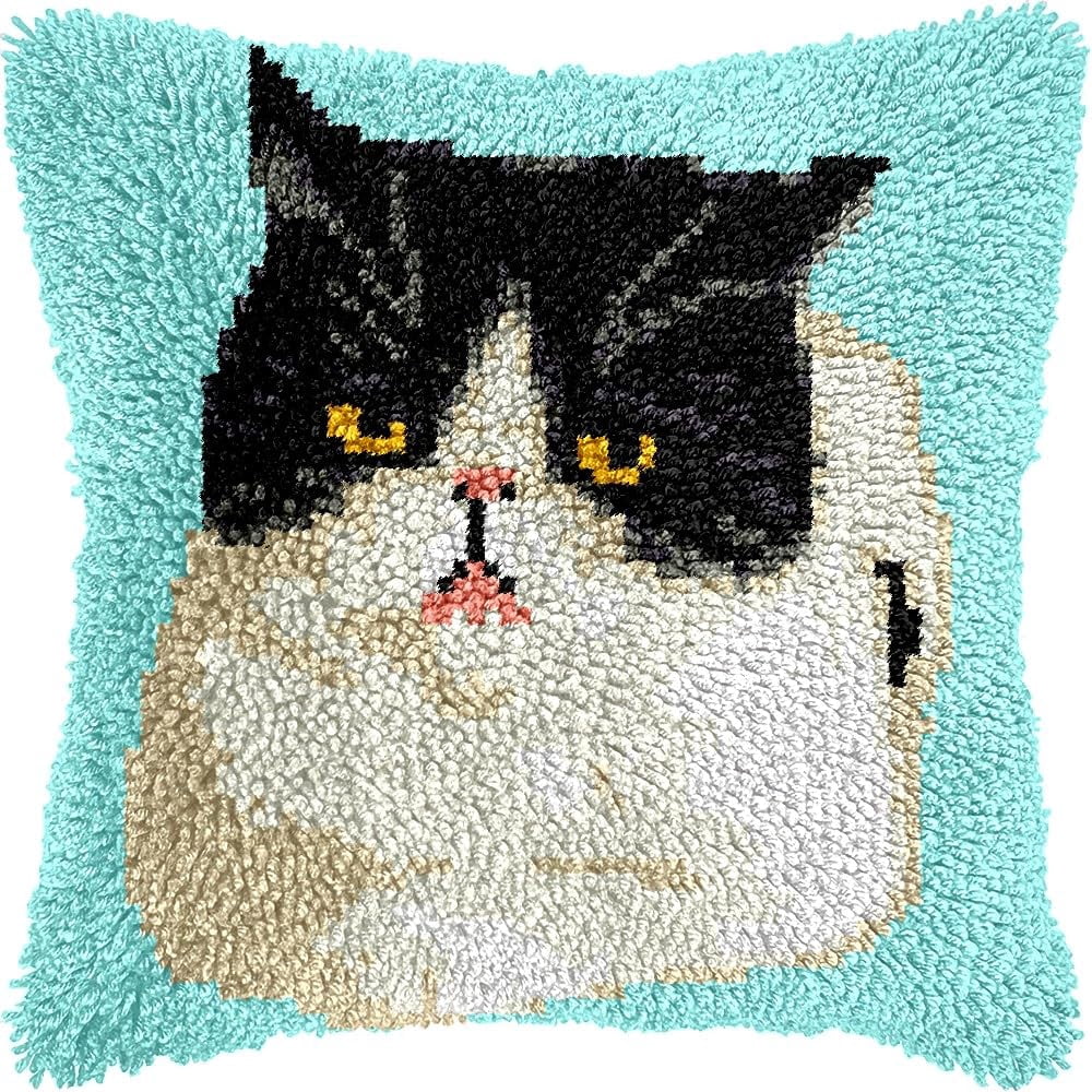 Latch Hook Pillow Kits Pillow Cover Pattern Cat Printed Canvas Cross Stich Hooking Pillowcase Cushion Crafts Embroidery Crochet Home Decor Kits 17x17 inch(B31)