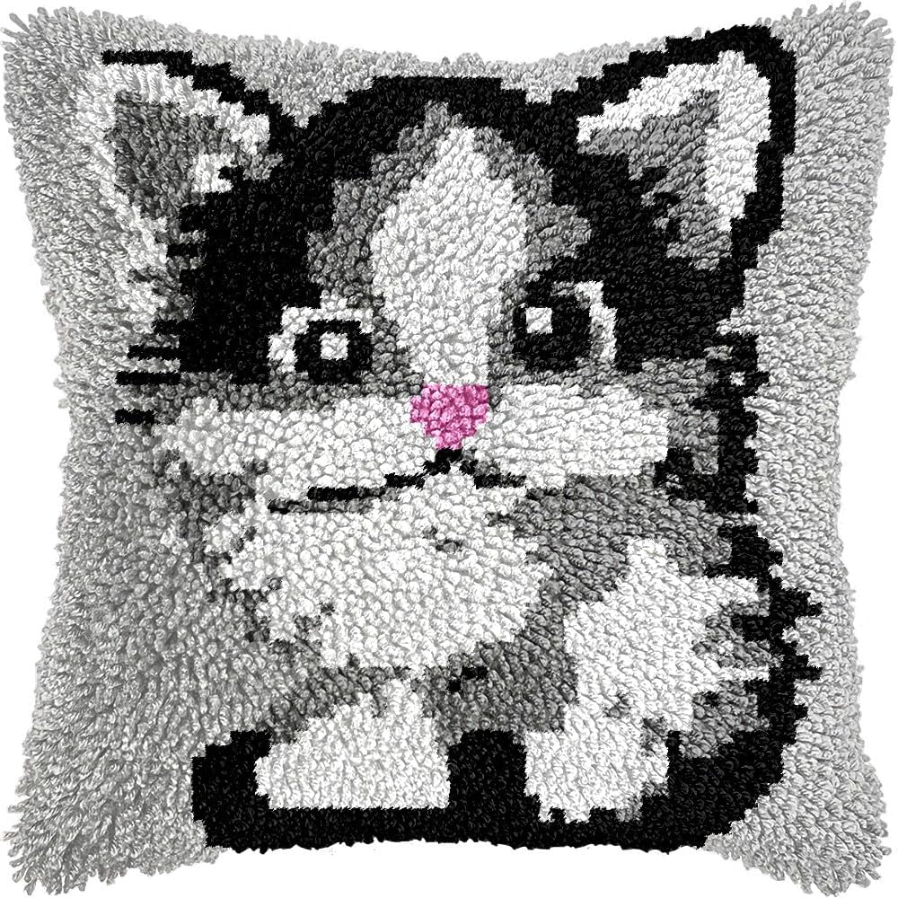 Latch Hook Pillow Kits Pillow Cover Pattern Cat Printed Canvas Knitted Hooking Pillowcase Cushion Crafts Embroidery Crochet Home Decor Kits 17x17 inch(c34)