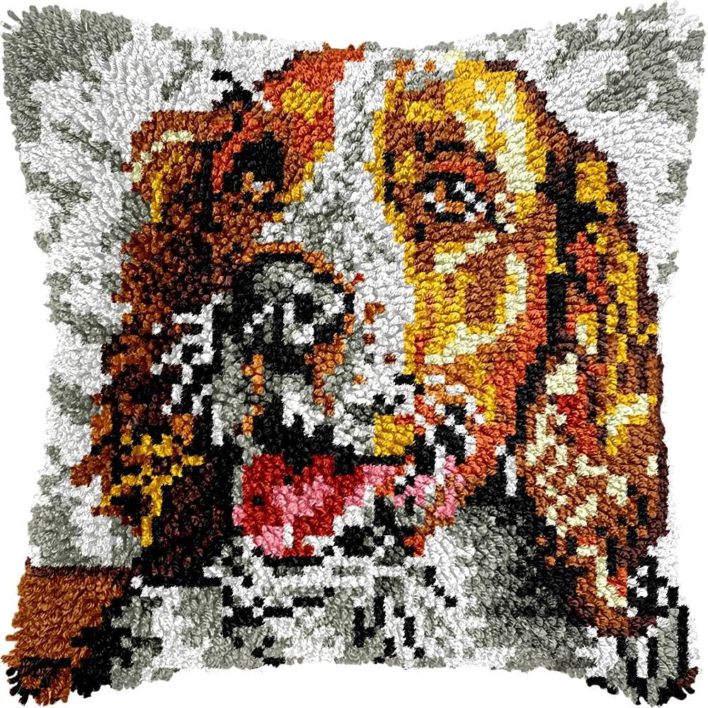 Latch Hook Pillow Kits Pillow Cover Pattern Charles Spaniel Terrier Printed Canvas Cross Stich Hooking Pillowcase Cushion Crafts Embroidery Crochet Home Decor Kits 17x17 inch(B13)