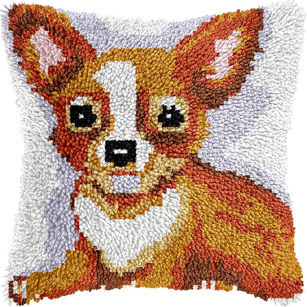 Latch Hook Pillow Kits Pillow Cover Pattern Chihuahua Dog Printed Canvas Knitted Hooking Pillowcase Cushion Crafts Embroidery Crochet Home Decor Kits 17x17 inch(c106)