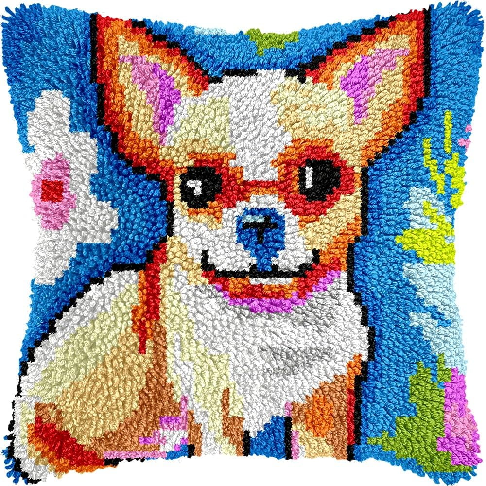 Latch Hook Pillow Kits Pillow Cover Pattern Chihuahua Dog Printed Canvas Knitted Hooking Pillowcase Cushion Crafts Embroidery Crochet Home Decor Kits 17x17 inch(c38)