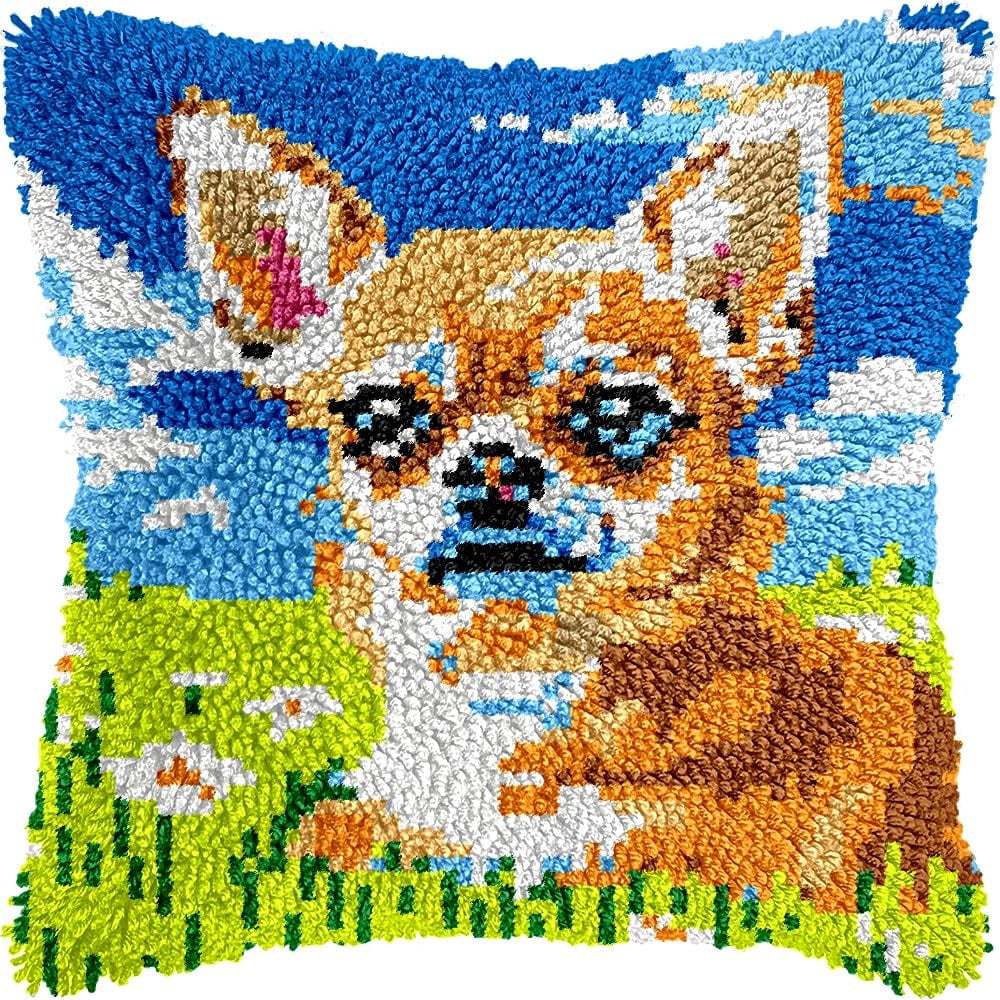 Latch Hook Pillow Kits Pillow Cover Pattern Chihuahua in Grass Printed Canvas Cross Stich Hooking Pillowcase Cushion Crafts Embroidery Crochet Home Decor Kits 17x17 inch(B109)
