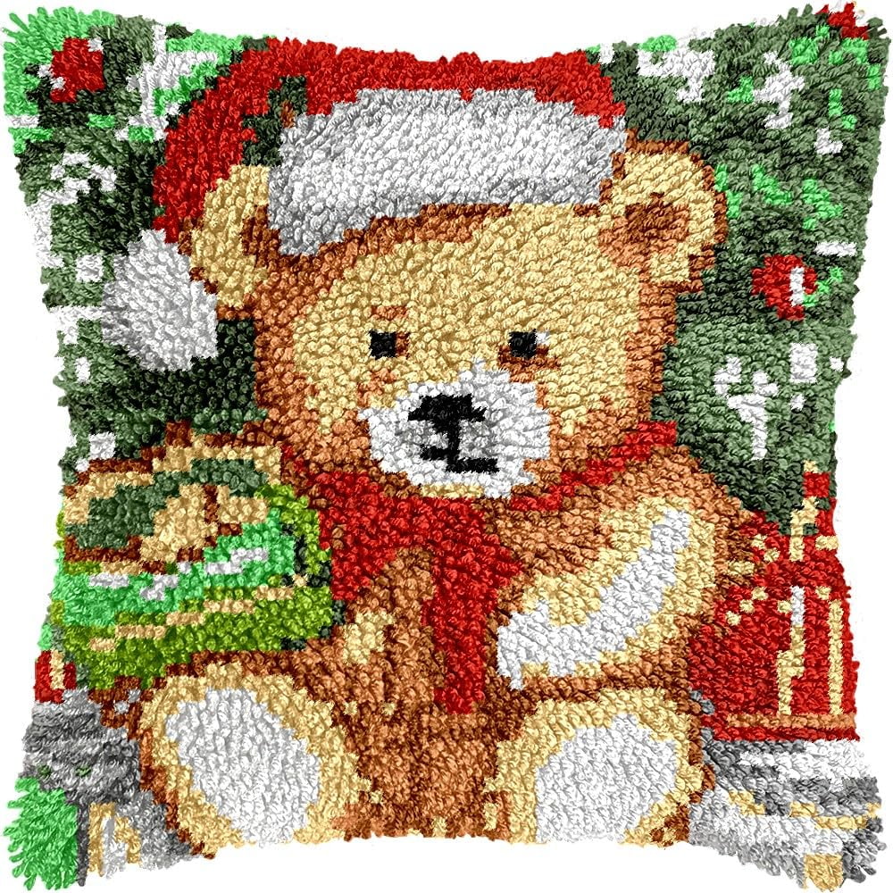 Latch Hook Pillow Kits Pillow Cover Pattern Christmas Bear Printed Canvas Knitted Hooking Pillowcase Cushion Crafts Embroidery Crochet Home Decor Kits 17x17 inch(c129)
