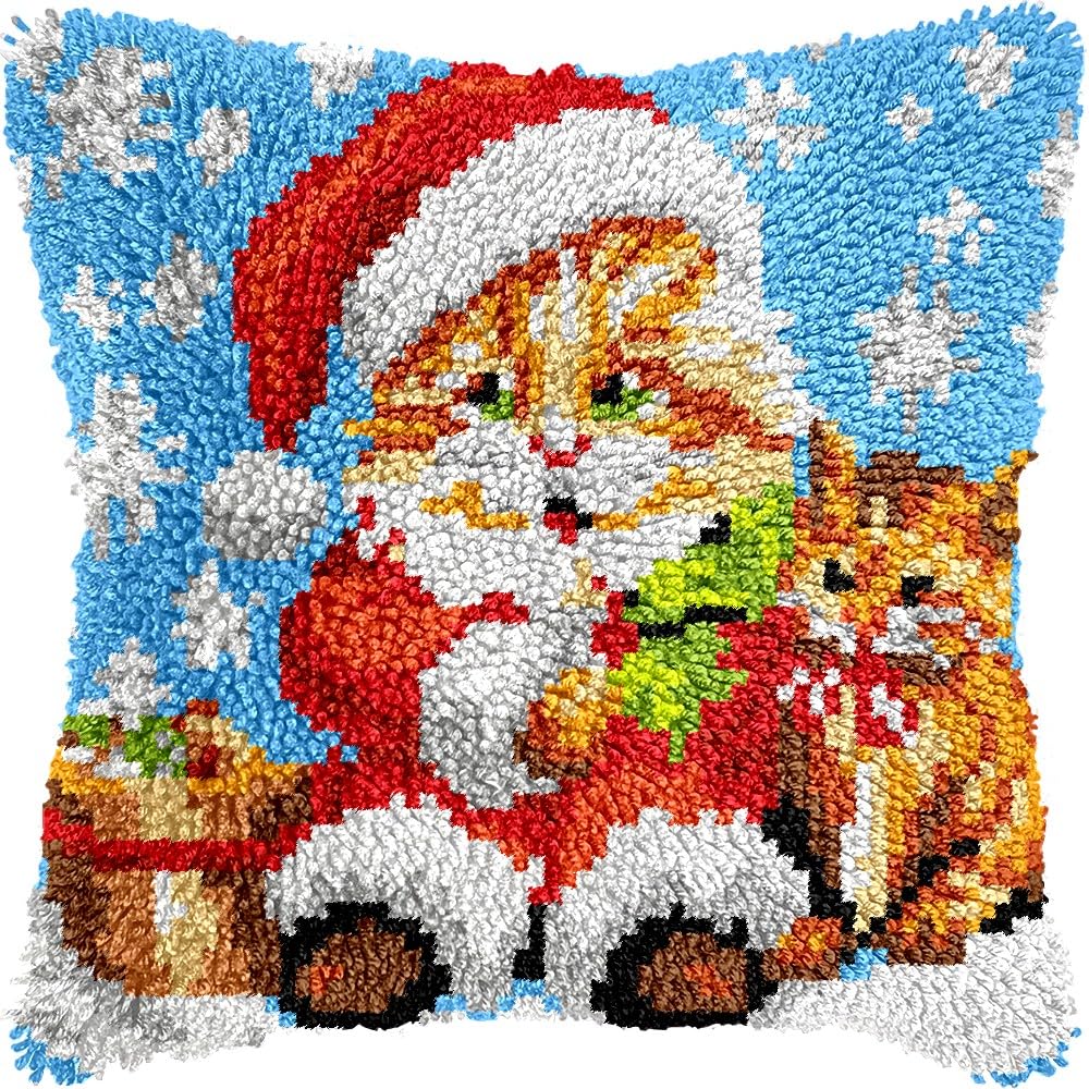 Latch Hook Pillow Kits Pillow Cover Pattern Christmas Cat Printed Canvas Knitted Hooking Pillowcase Cushion Crafts Embroidery Crochet Home Decor Kits 17x17 inch(c172)