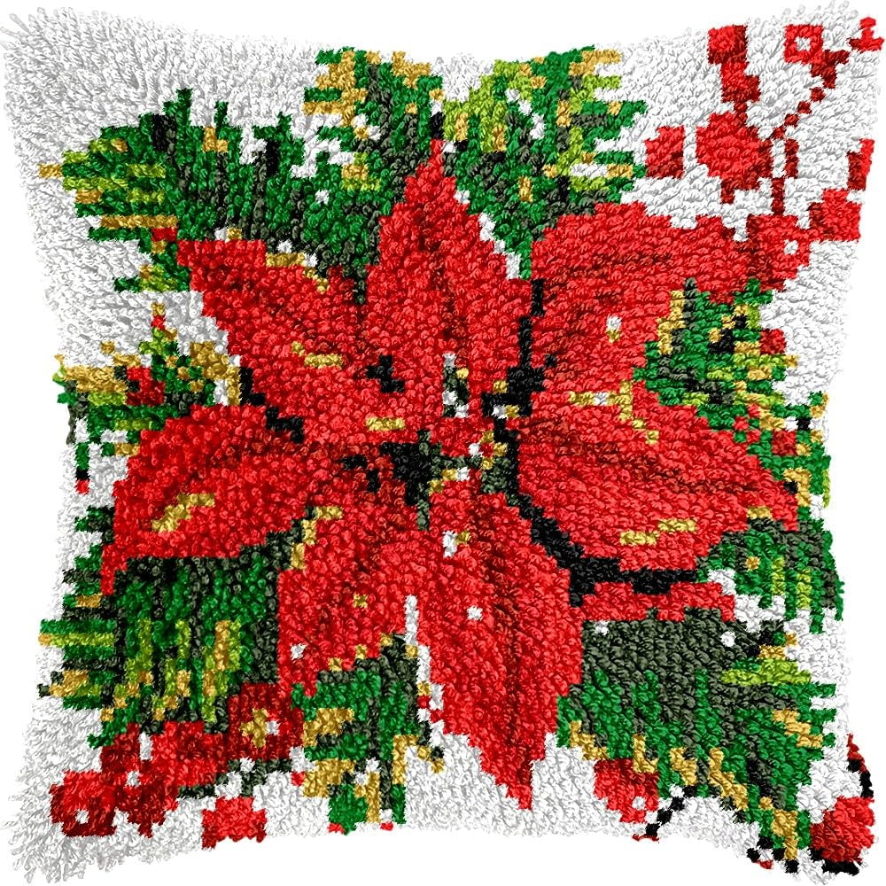 Latch Hook Pillow Kits Pillow Cover Pattern Christmas Flowers Printed Canvas Knitted Hooking Pillowcase Cushion With Zipper Crafts Crochet Home Decor Kits 17x17 inch(x85)