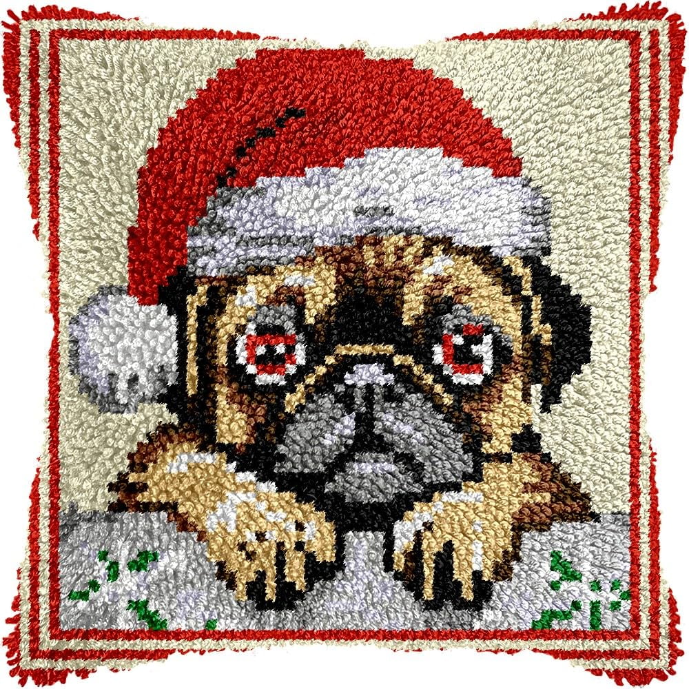 Latch Hook Pillow Kits Pillow Cover Pattern Christmas Pug Printed Canvas Knitted Hooking Pillowcase Cushion Crafts Embroidery Crochet Home Decor Kits 17x17 inch(c128)