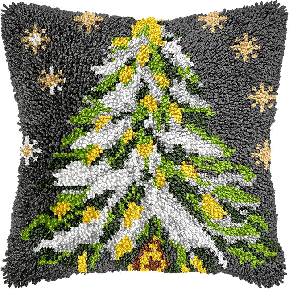 Latch Hook Pillow Kits Pillow Cover Pattern Christmas Tree & Stars Printed Canvas Knitted Hooking Pillowcase Cushion Crafts Embroidery Crochet Home Decor Kits 17x17 inch(c170)