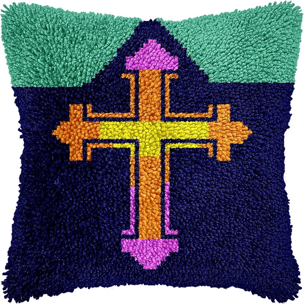 Latch Hook Pillow Kits Pillow Cover Pattern Color Cross Color Cross Printed Canvas Cross Stich Hooking Pillowcase Cushion Crafts Embroidery Crochet Home Decor Kits 17x17 inch(B69)