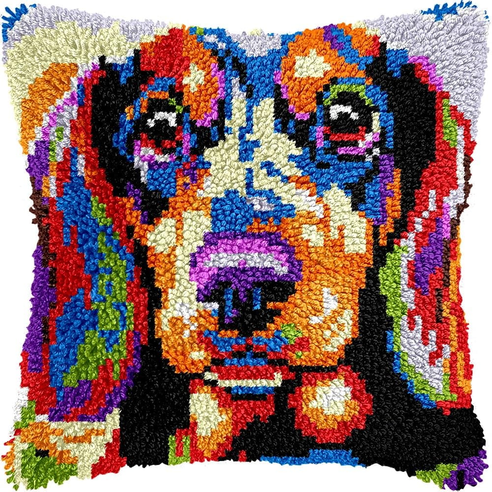Latch Hook Pillow Kits Pillow Cover Pattern Color Dachshund Dog Printed Canvas Cross Stich Hooking Pillowcase Cushion Crafts Embroidery Crochet Home Decor Kits 17x17 inch(B63)