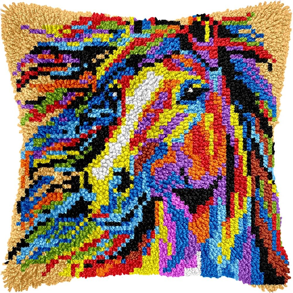 Latch Hook Pillow Kits Pillow Cover Pattern Color Fluffy Horse Printed Canvas Cross Stich Hooking Pillowcase Cushion Crafts Embroidery Crochet Home Decor Kits 17x17 inch(B131)