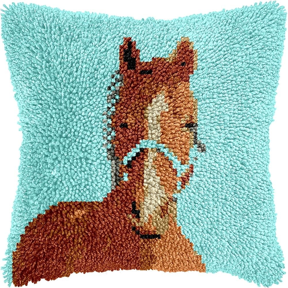 Latch Hook Pillow Kits Pillow Cover Pattern Colt Printed Canvas Cross Stich Hooking Pillowcase Cushion Crafts Embroidery Crochet Home Decor Kits 17x17 inch(B32)