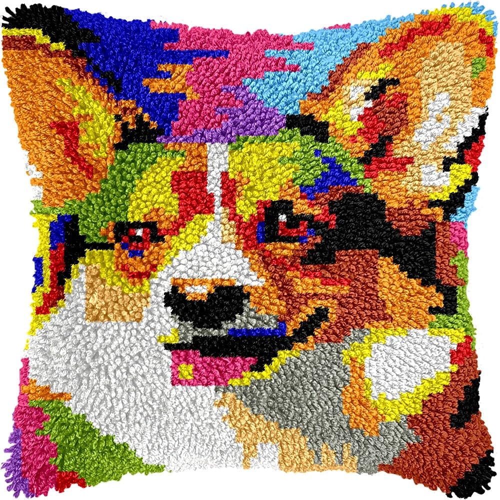 Latch Hook Pillow Kits Pillow Cover Pattern Corgi Dog Printed Canvas Cross Stich Hooking Pillowcase Cushion Crafts Embroidery Crochet Home Decor Kits 17x17 inch(B38)