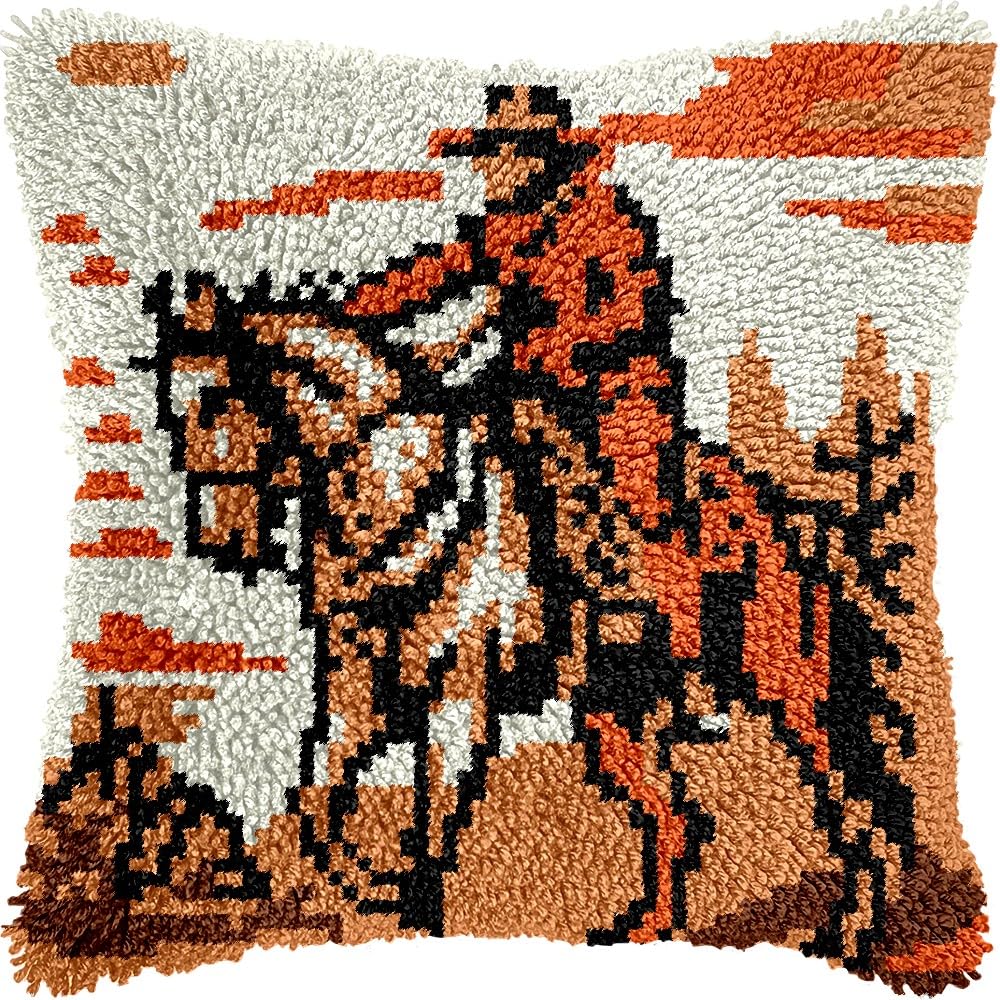 Latch Hook Pillow Kits Pillow Cover Pattern Cowboy Horse Ride Printed Canvas Cross Stich Hooking Pillowcase Cushion Crafts Embroidery Crochet Home Decor Kits 17x17 inch(B95)