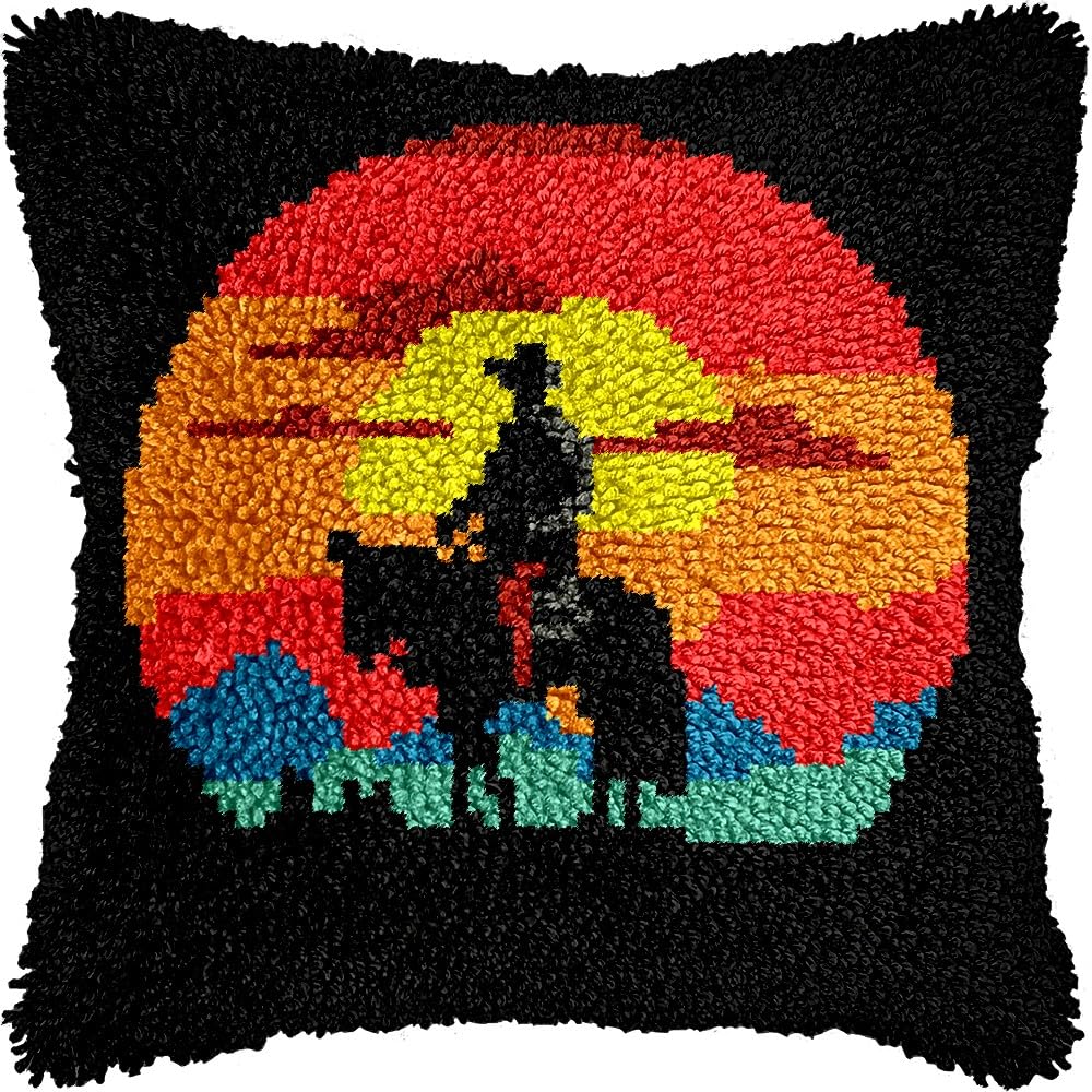 Latch Hook Pillow Kits Pillow Cover Pattern Cowboy under Sunset Printed Canvas Cross Stich Hooking Pillowcase Cushion Crafts Embroidery Crochet Home Decor Kits 17x17 inch(B96)