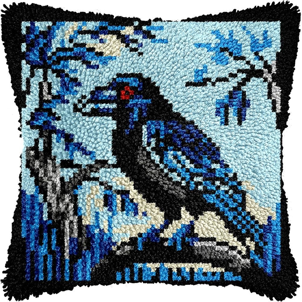 Latch Hook Pillow Kits Pillow Cover Pattern Crow Bird Perched on Tree Printed Canvas Knitted Hooking Pillowcase Cushion Crafts Embroidery Crochet Home Decor Kits 17x17 inch(c193)
