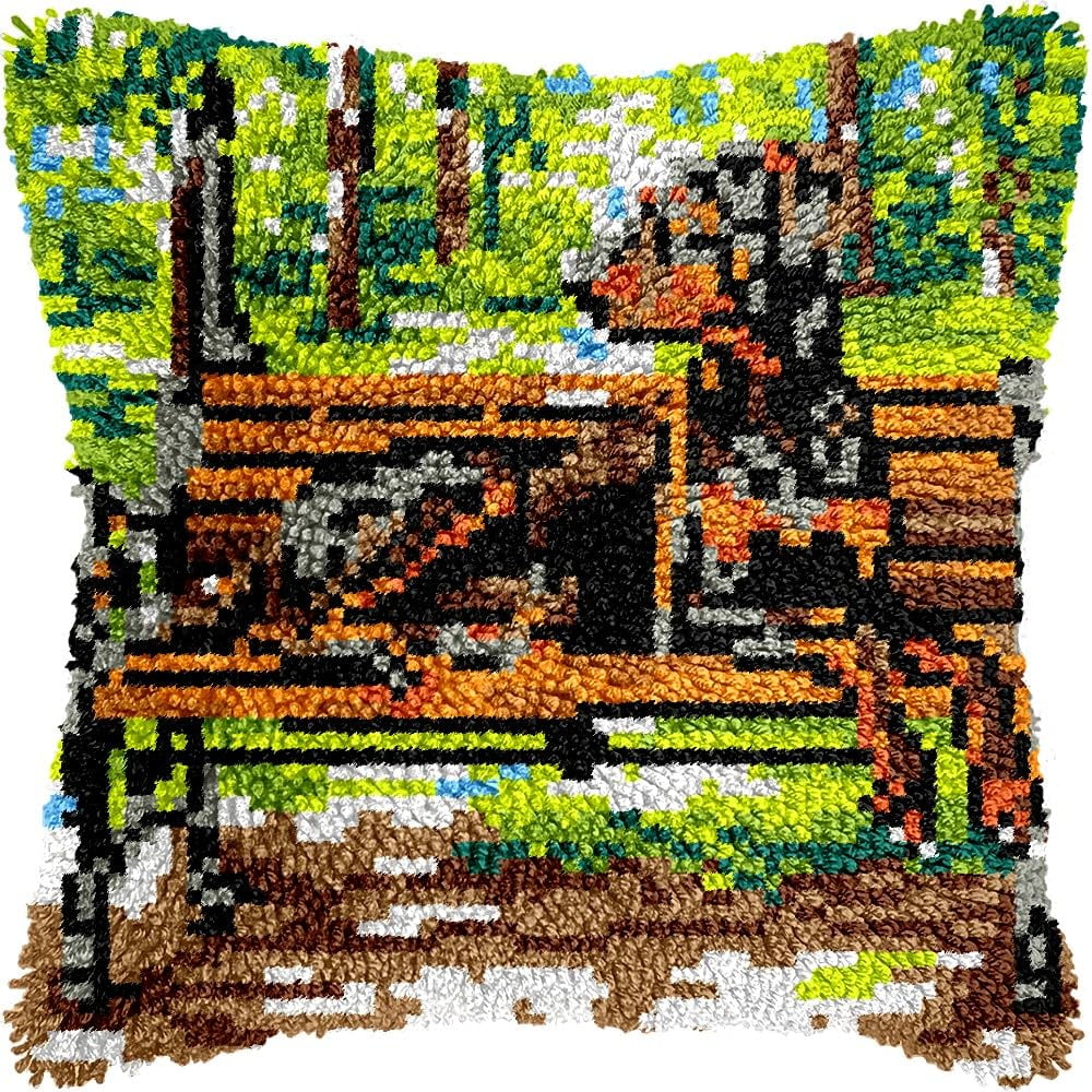 Latch Hook Pillow Kits Pillow Cover Pattern Dachshund on Bench Printed Canvas Cross Stich Hooking Pillowcase Cushion Crafts Embroidery Crochet Home Decor Kits 17x17 inch(B53)