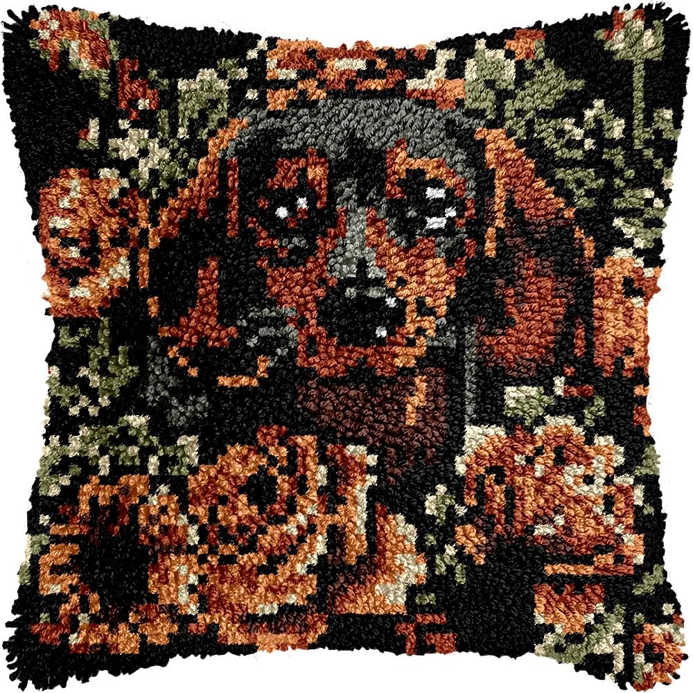 Latch Hook Pillow Kits Pillow Cover Pattern Dachshund & Flowers Printed Canvas Cross Stich Hooking Pillowcase Cushion Crafts Embroidery Crochet Home Decor Kits 17x17 inch(B105)