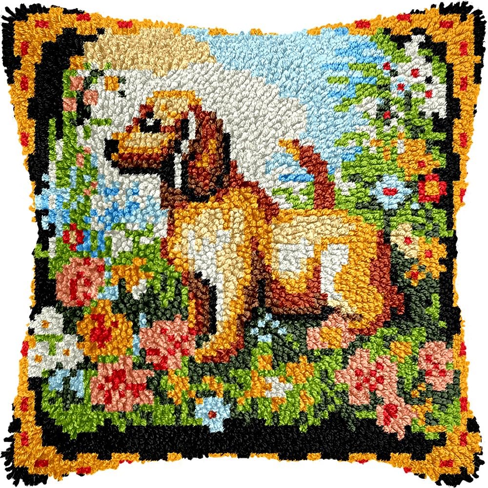 Latch Hook Pillow Kits Pillow Cover Pattern Dachshund & Flowers Printed Canvas Knitted Hooking Pillowcase Cushion Crafts Embroidery Crochet Home Decor Kits 17x17 inch(c183)