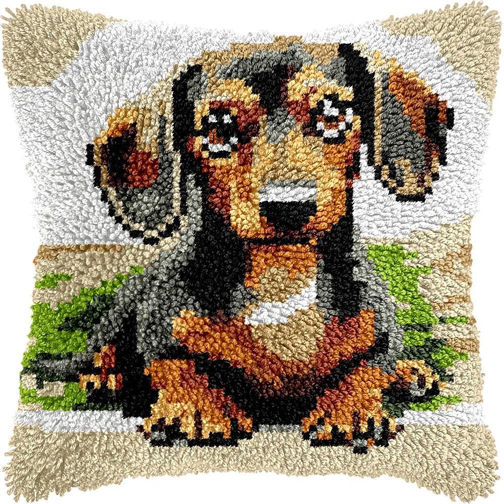 Latch Hook Pillow Kits Pillow Cover Pattern Dachshund Printed Canvas Cross Stich Hooking Pillowcase Cushion Crafts Embroidery Crochet Home Decor Kits 17x17 inch(B116)
