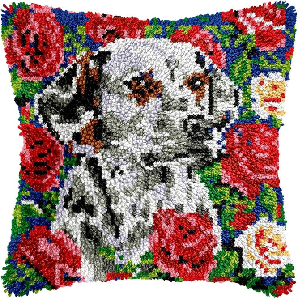 Latch Hook Pillow Kits Pillow Cover Pattern Dalmatian & Rose Printed Canvas Cross Stich Hooking Pillowcase Cushion Crafts Embroidery Crochet Home Decor Kits 17x17 inch(B9)