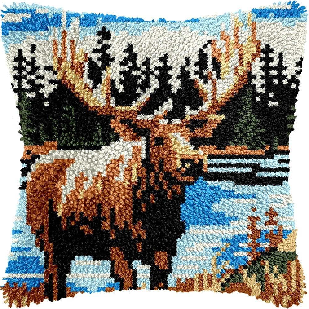 Latch Hook Pillow Kits Pillow Cover Pattern Deer Printed Canvas Knitted Hooking Pillowcase Cushion Crafts Embroidery Crochet Home Decor Kits 17x17 inch(c207)