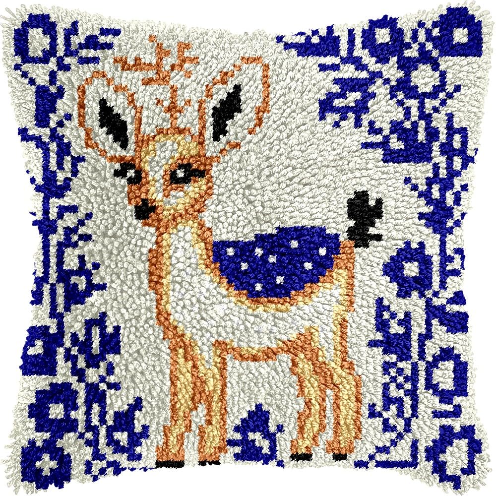 Latch Hook Pillow Kits Pillow Cover Pattern Deer Printed Canvas Knitted Hooking Pillowcase Cushion Crafts Embroidery Crochet Home Decor Kits 17x17 inch(c100)