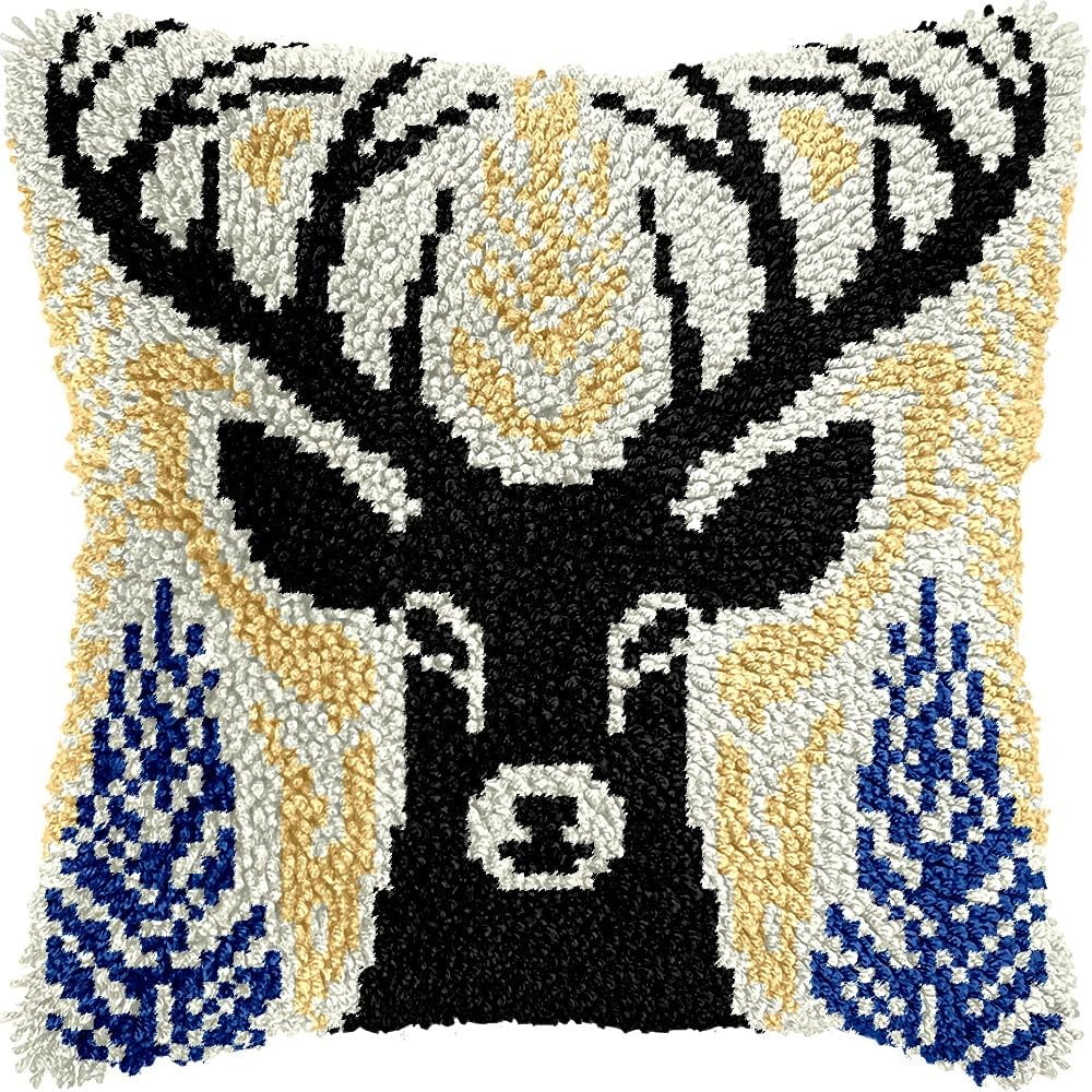 Latch Hook Pillow Kits Pillow Cover Pattern Deer Printed Canvas Knitted Hooking Pillowcase Cushion Crafts Embroidery Crochet Home Decor Kits 17x17 inch(c104)