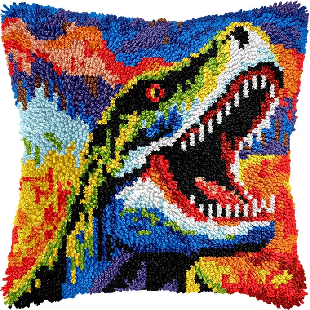 Latch Hook Pillow Kits Pillow Cover Pattern Dinosaur Printed Canvas Knitted Hooking Pillowcase Cushion Crafts Embroidery Crochet Home Decor Kits 17x17 inch(c73)