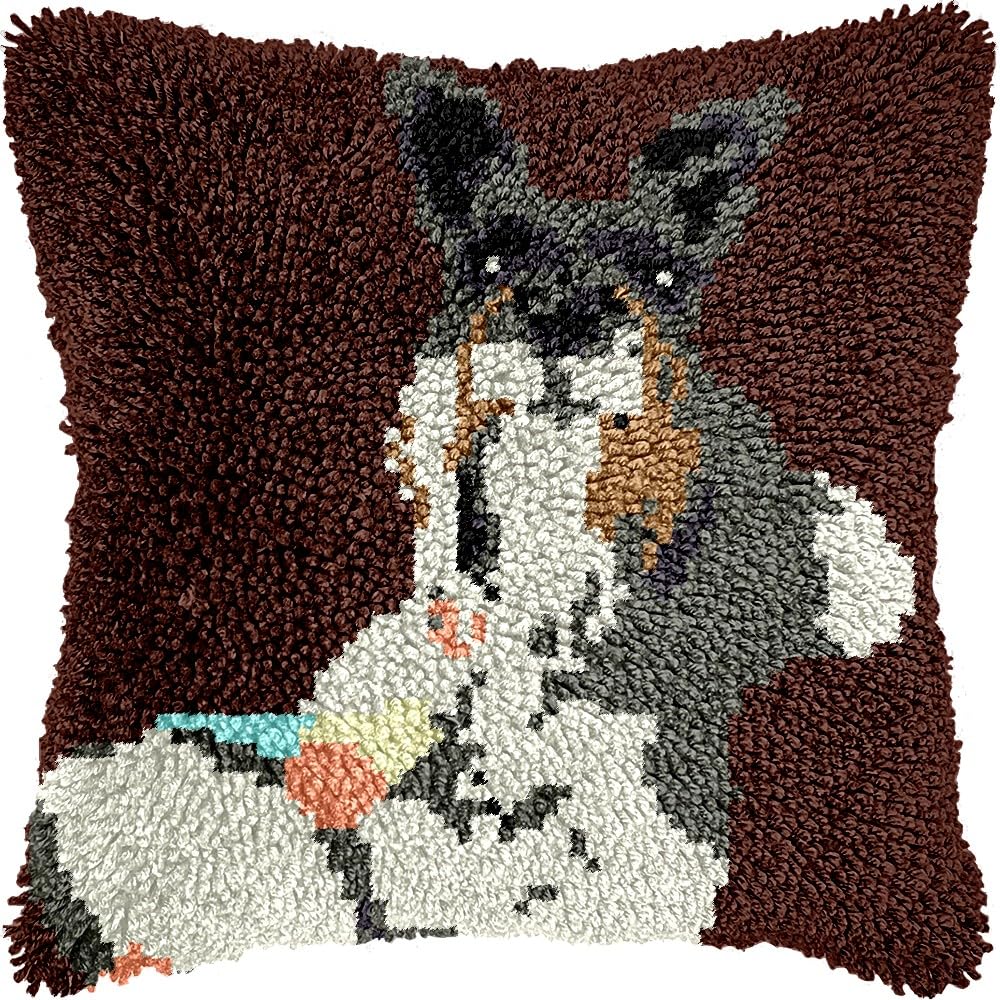 Latch Hook Pillow Kits Pillow Cover Pattern Dog Printed Canvas Cross Stich Hooking Pillowcase Cushion Crafts Embroidery Crochet Home Decor Kits 17x17 inch(B193)