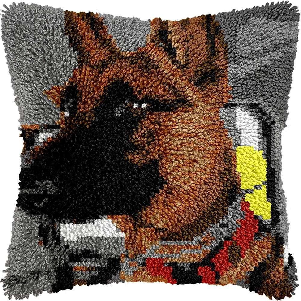 Latch Hook Pillow Kits Pillow Cover Pattern Dog Printed Canvas Knitted Hooking Pillowcase Cushion Crafts Embroidery Crochet Home Decor Kits 17x17 inch(c173)