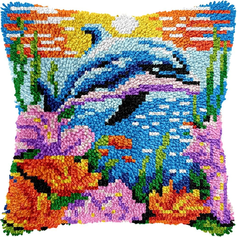 Latch Hook Pillow Kits Pillow Cover Pattern Dolphin & Flowers Printed Canvas Knitted Hooking Pillowcase Cushion Crafts Embroidery Crochet Home Decor Kits 17x17 inch(c39)