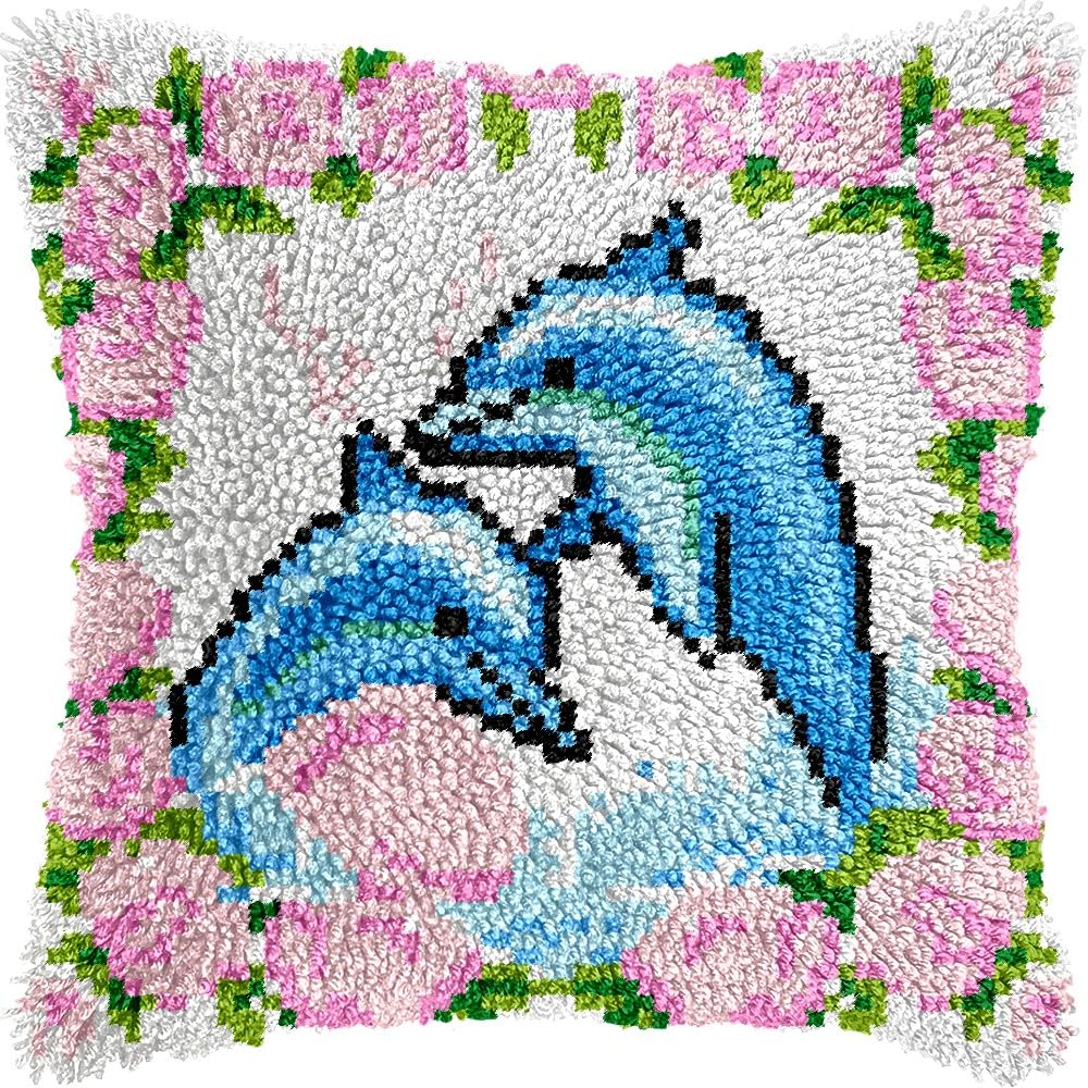 Latch Hook Pillow Kits Pillow Cover Pattern Dolphins & Flowers Printed Canvas Knitted Hooking Pillowcase Cushion Crafts Embroidery Crochet Home Decor Kits 17x17 inch(c94)