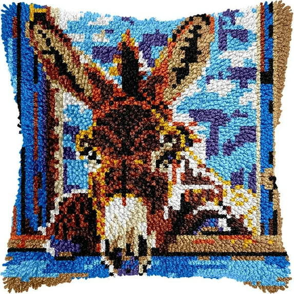 Latch Hook Pillow Kits Pillow Cover Pattern Donkey Printed Canvas Cross Stich Hooking Pillowcase Cushion Crafts Embroidery Crochet Home Decor Kits 17x17 inch(B79)