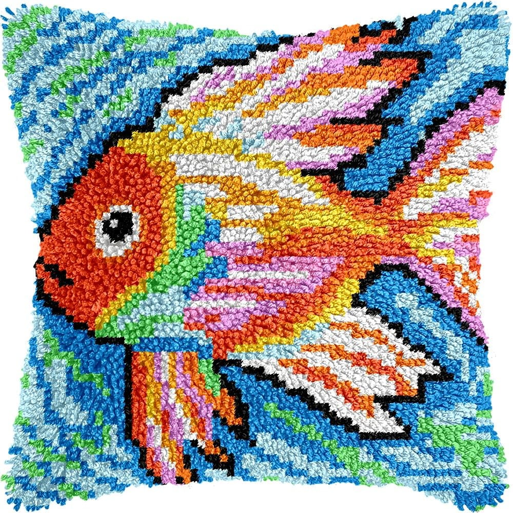 Latch Hook Pillow Kits Pillow Cover Pattern Fish Printed Canvas Knitted Hooking Pillowcase Cushion Crafts Embroidery Crochet Home Decor Kits 17x17 inch(c41)