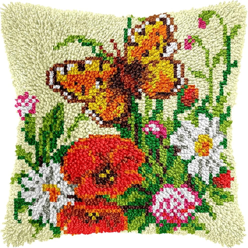 Latch Hook Pillow Kits Pillow Cover Pattern Flowers & Butterfly Printed Canvas Cross Stich Hooking Pillowcase Cushion Crafts Embroidery Crochet Home Decor Kits 17x17 inch(B121)