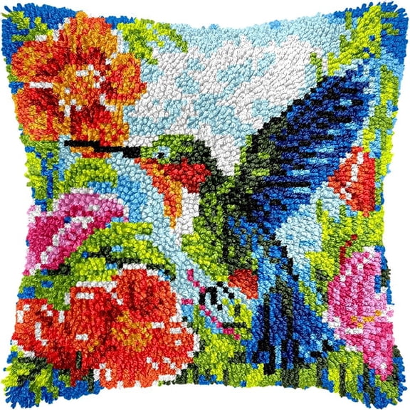 Latch Hook Pillow Kits Pillow Cover Pattern Flowers Hummingbird PrintedCanvas Knitted Hooking Pillowcase Cushion Crafts Embroidery Crochet Home Decor Kits 17x17 inch(c198)
